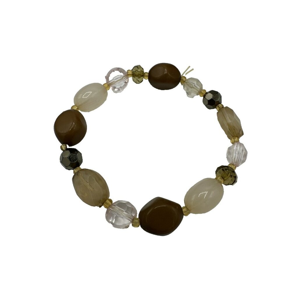 Stretch Beaded Bracelet Faceted Bead Brown Cream Costume Jewelry Boho
